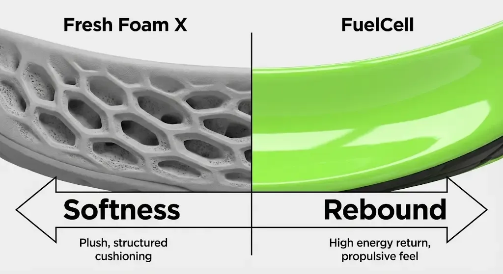 A split-screen graphic comparing two midsoles: Fresh Foam X and FuelCell