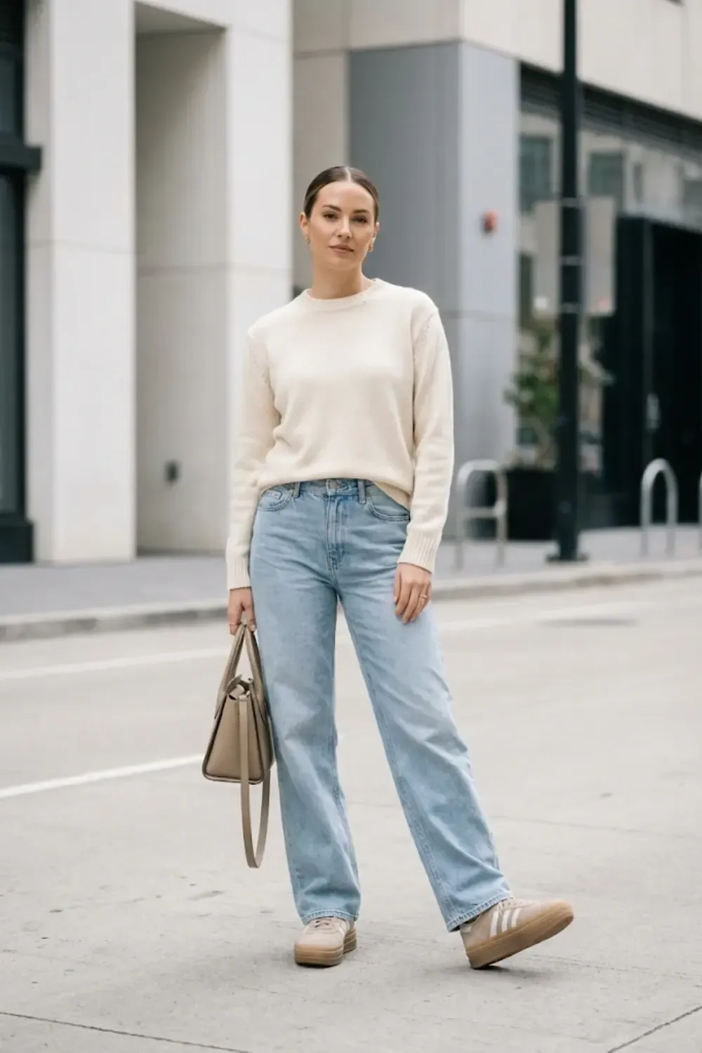 A woman standing on a city street wearing light-wash straight-leg blue jeans and a simple cream crewneck sweater with Adidas Gazelle Bold sneakers.