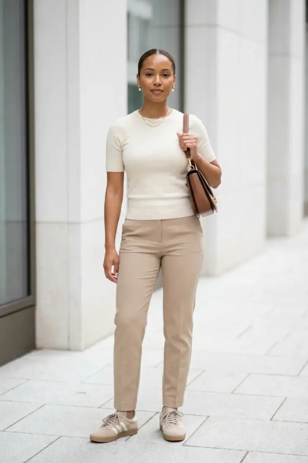 A woman standing on a sidewalk wearing a fitted white tee and tailored beige trousers with Adidas Gazelle Bold sneakers