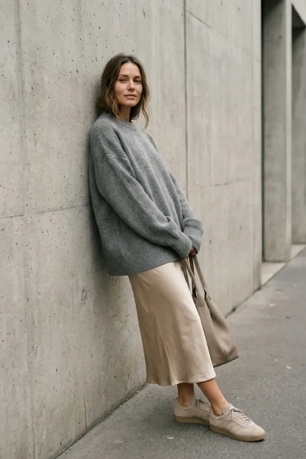 A woman leaning casually against a concrete wall. She wears a grey oversized ribbed knit sweater over a champagne-colored satin midi skirt. The look is finished with beige suede Adidas Gazelle Bold sneakers.