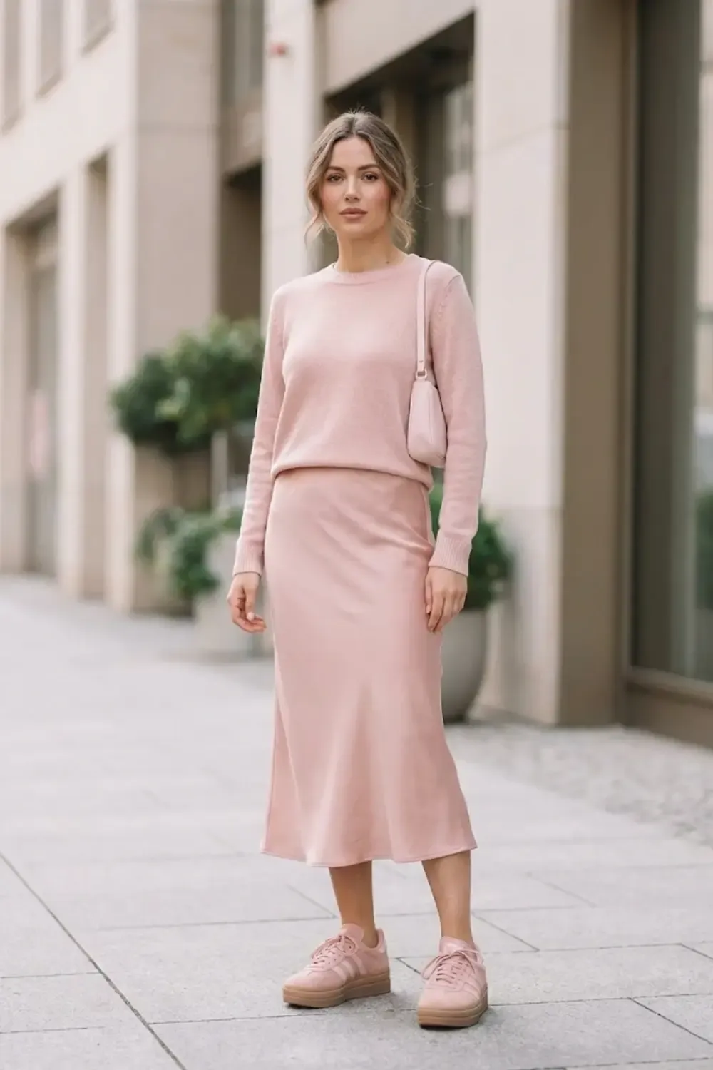 A woman standing on a paved city street wearing a monochromatic pink outfit with pink Adidas Gazelle Bold sneakers