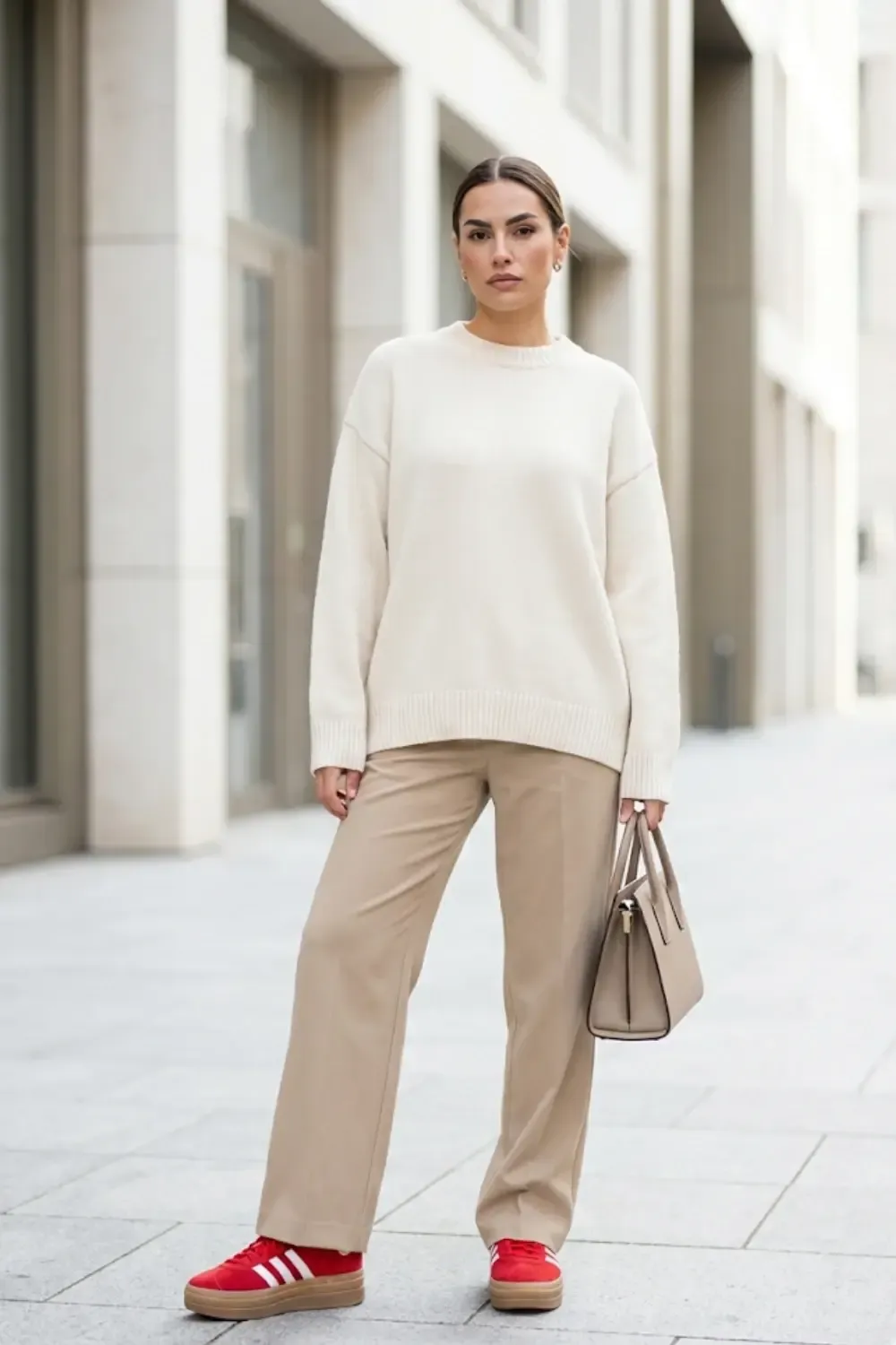 A woman posing in an urban setting wearing a neutral outfit consisting of a cream oversized sweater and tailored beige trousers. The outfit is punctuated by a bold pair of bright red Adidas Gazelle Bold sneakers.