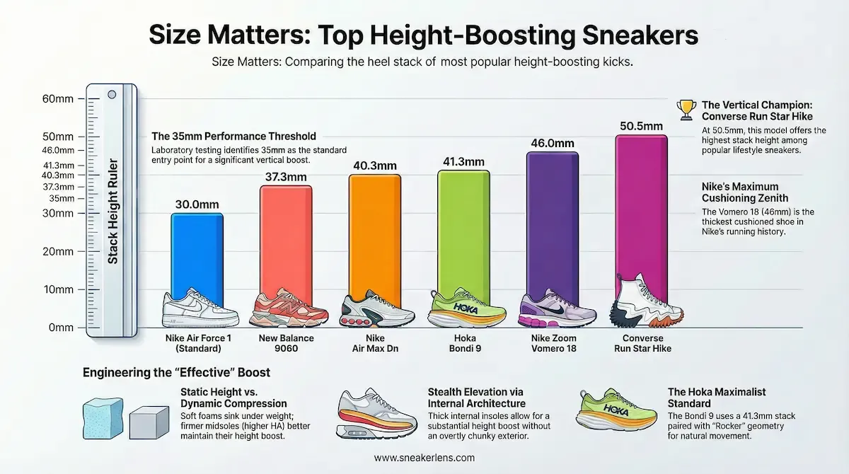 Infographic: Comparing the heel stack of 2026's most popular height-boosting kicks.