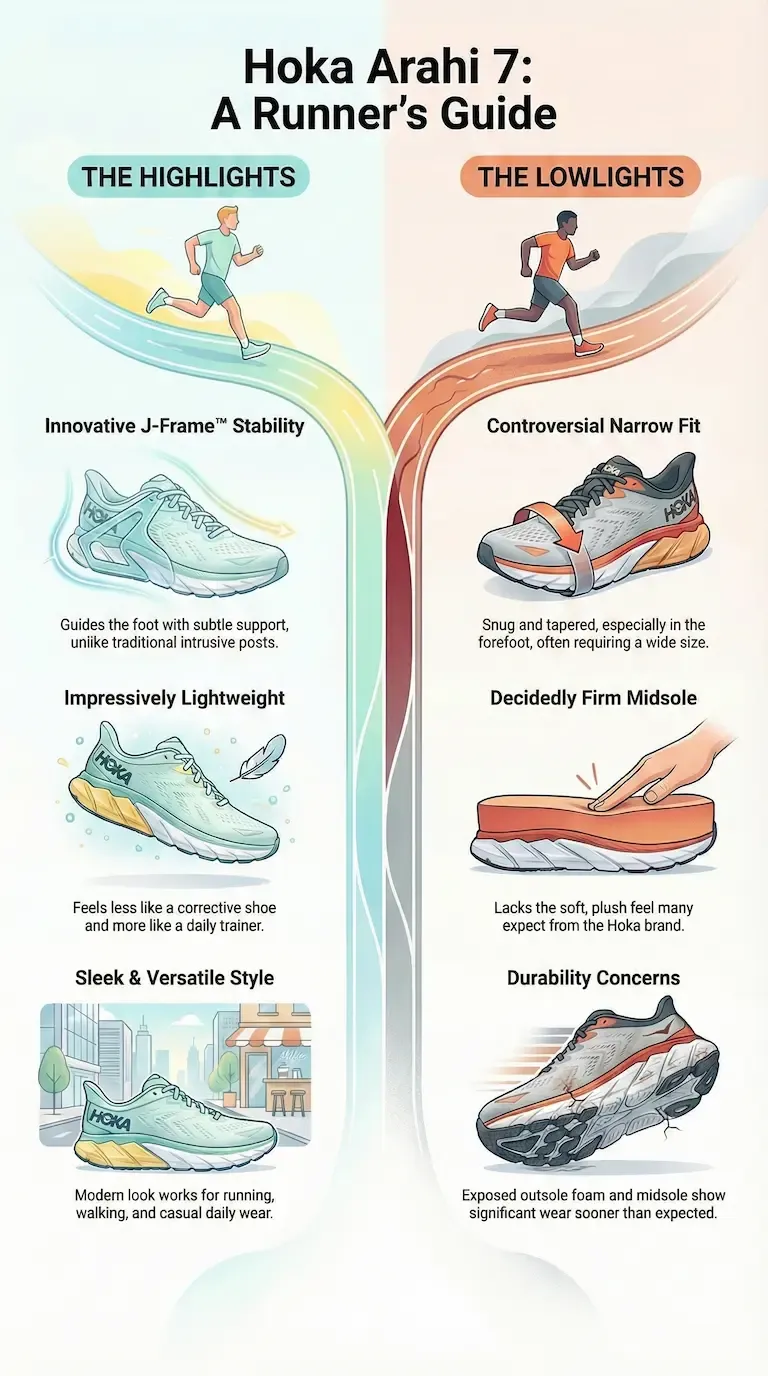 Hoka Arahi 7 infographic showing J-Frame stability, lightweight feel, versatile style, narrow fit issues, firm midsole, and durability concerns.