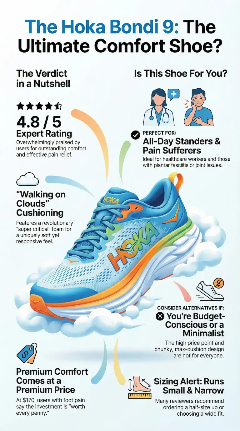 Infographic review of the Hoka Bondi 9 showing its soft cushioning, pain-relief comfort, premium price, and small, narrow sizing advice.