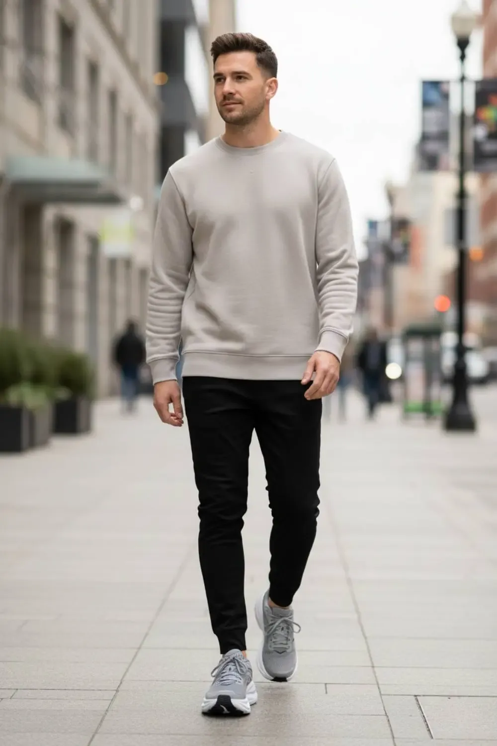 A man in light grey Hoka Bondi 9 sneakers and black tapered joggers, exemplifying an athleisure and off-duty men's fashion look.
