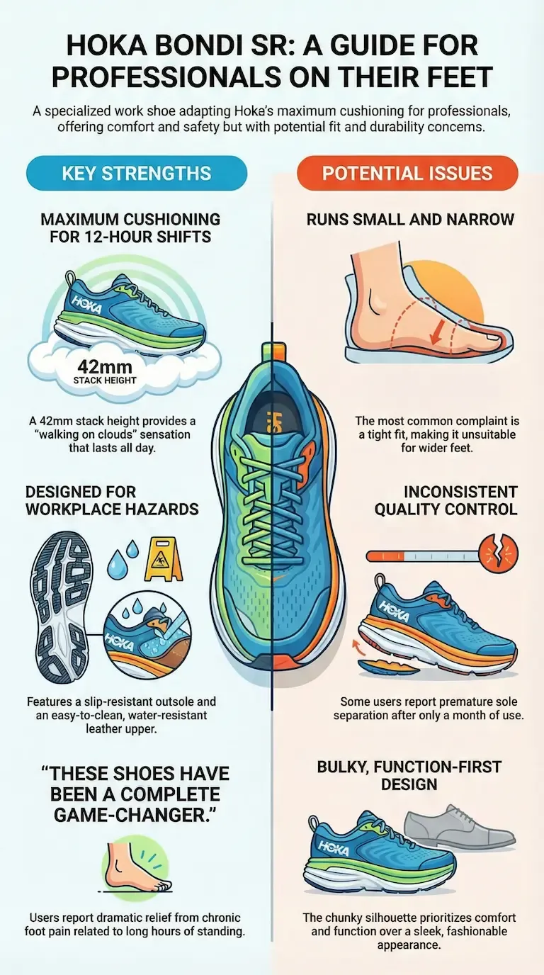 Infographic review of the Hoka Bondi SR highlighting its maximum cushioning for long shifts, slip-resistant work design, pain relief, along with issues like narrow fit, quality control problems, and bulky appearance.