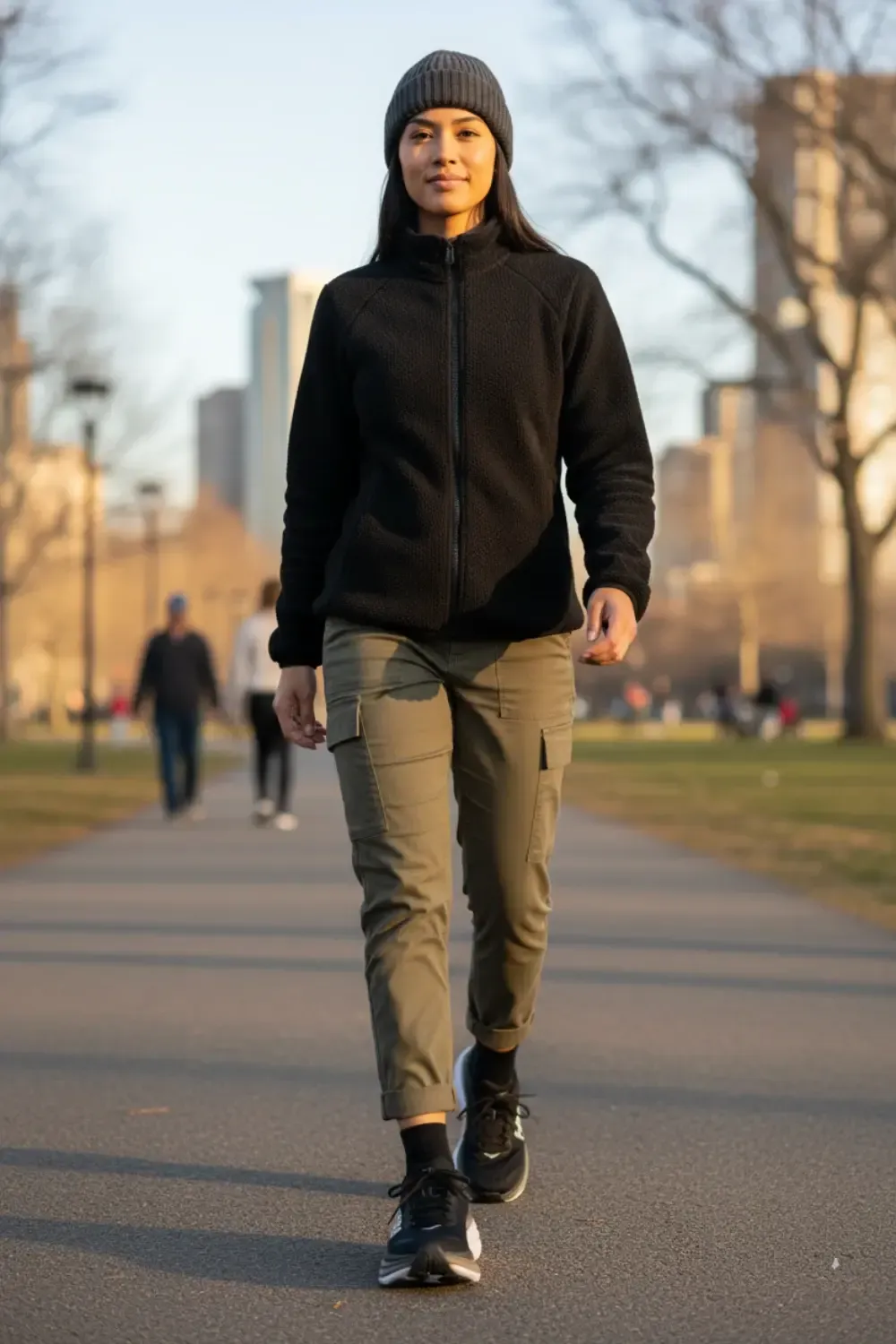 Woman walking in a park, wearing a black fleece jacket, olive cargo pants, a gray beanie, and black Hoka Clifton 9 sneakers.