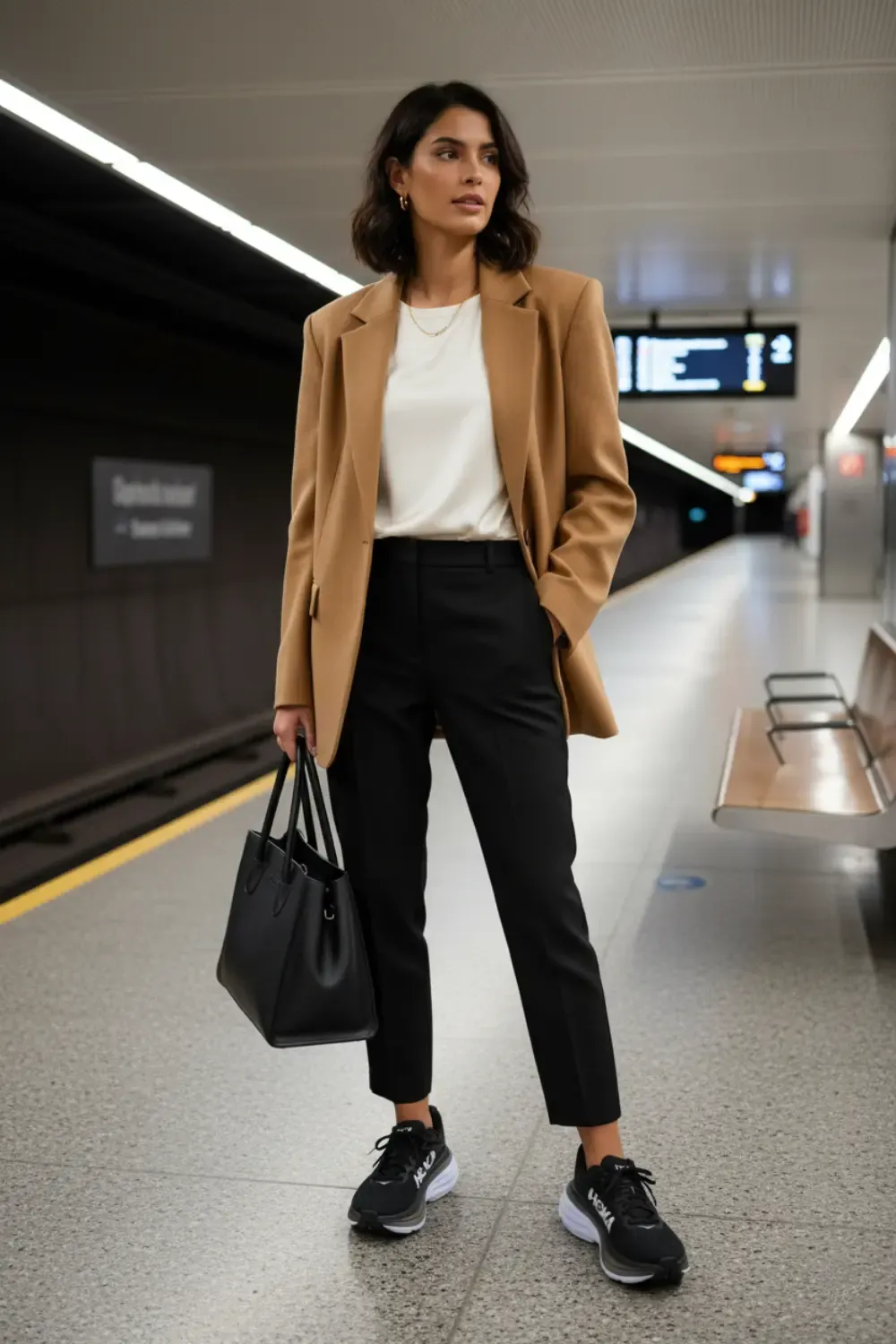 Woman in a tan blazer, white top, black trousers, and black Hoka Clifton 9 sneakers, standing on a subway platform.