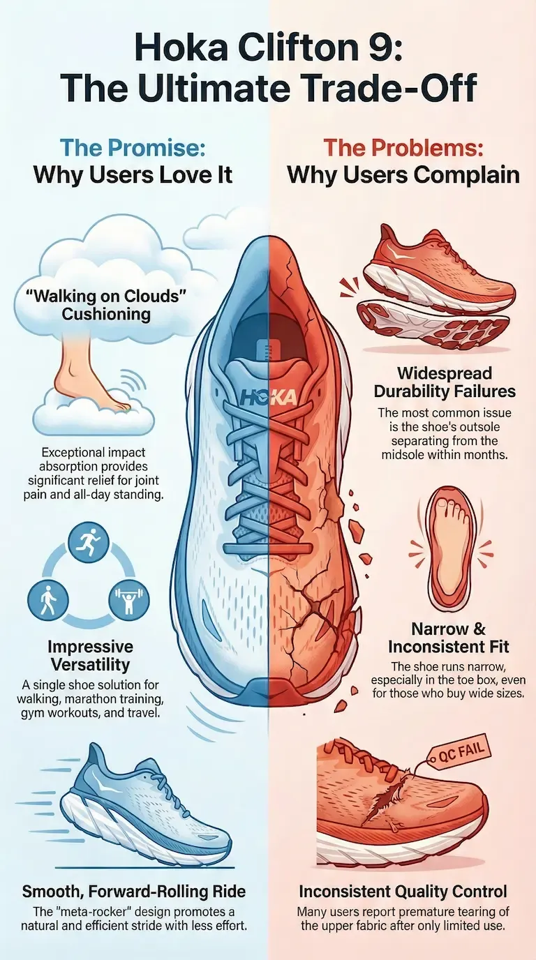Infographic summary of the Hoka Clifton 9 showing its cloud-like cushioning, smooth rocker ride, and versatile everyday use, contrasted with complaints about outsole durability failures, narrow fit, and inconsistent quality control.