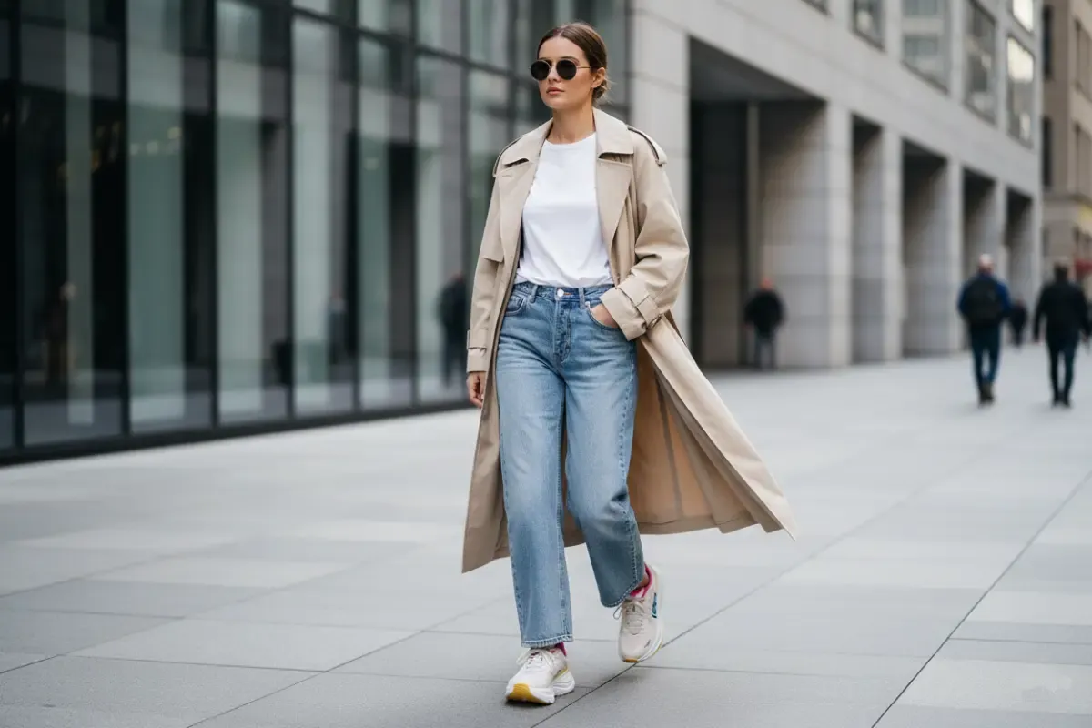 Woman in a beige trench coat, white t-shirt, light-wash straight-leg jeans, and white/pink Hoka Clifton 9 sneakers, walking in a city.