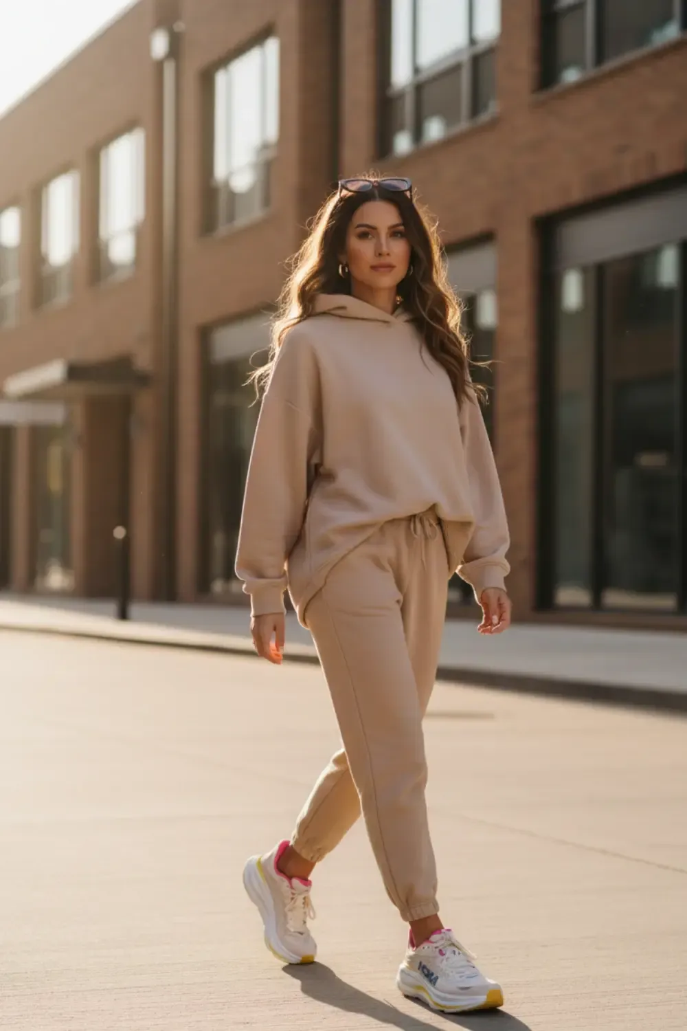 Woman in a beige tracksuit walking on a sunny city street, wearing Hoka Clifton 9 sneakers.