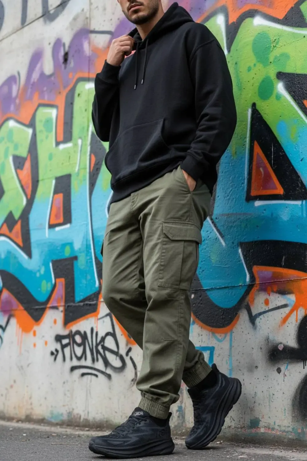 A man styling Hoka Project Clifton shoes with baggy cargo pants and a hoodie for a streetwear Hoka men's fashion look.