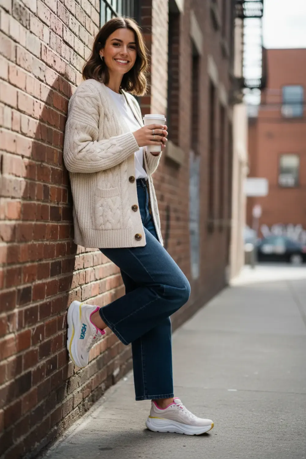 Smiling woman leaning on a brick wall, wearing a cream cable-knit cardigan, wide-leg jeans, and Hoka Clifton 9 sneakers.
