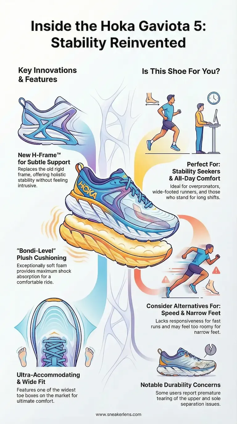 Infographic detailing the Hoka Gaviota 5 features, highlighting the new H-Frame for non-intrusive stability, Bondi-level plush cushioning, and a wide fit for overpronators.