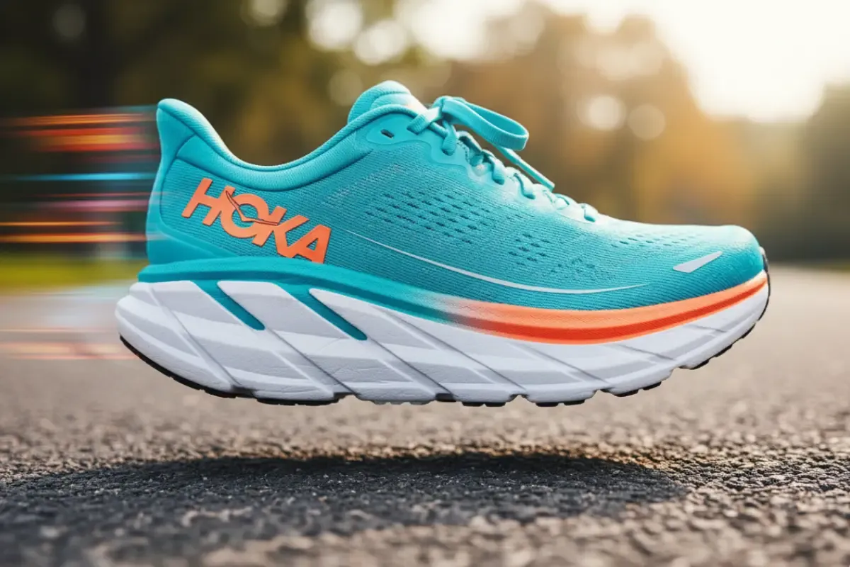 A close-up image showing a Hoka running shoe's thick, cushioned midsole, with the shoe positioned for running on a road.