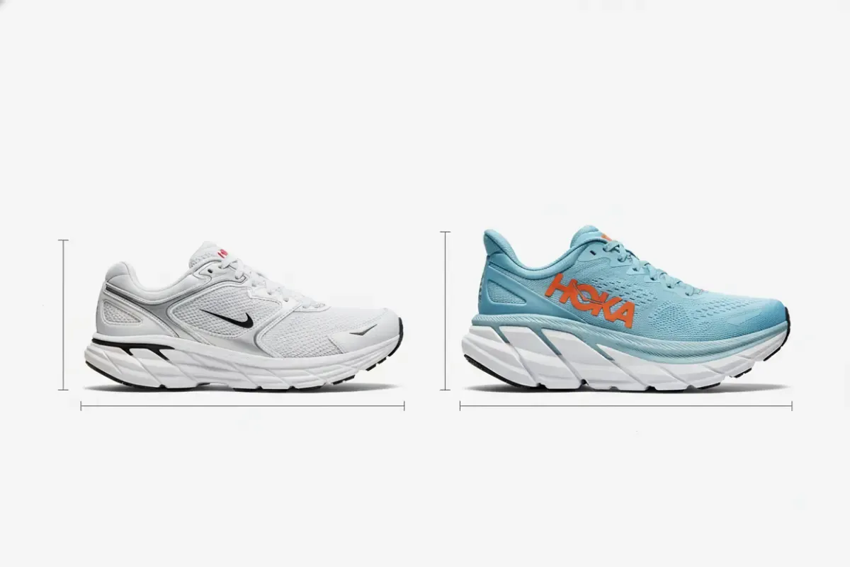 A visual comparison showing a traditional, thin-soled running shoe next to a Hoka maximalist shoe with a very thick midsole, highlighting the difference in stack height.