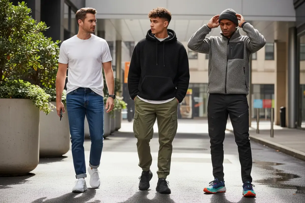 Three men showcasing different Hoka sneaker styles for men: casual, streetwear, and gorpcore, in an urban setting.