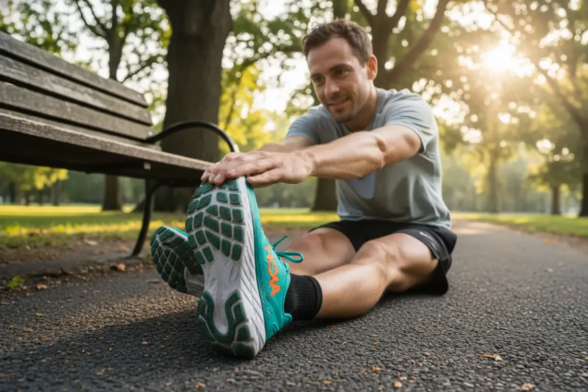 A runner wearing Hoka shoes rests on a park bench after a run, looking relaxed, with their cushioned shoes propped up.