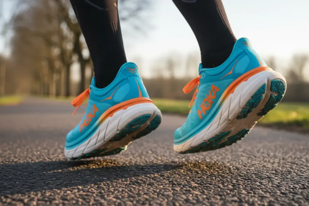 A close-up shot of a runner's feet wearing brightly colored Hoka running shoes, captured mid-stride on an asphalt path.