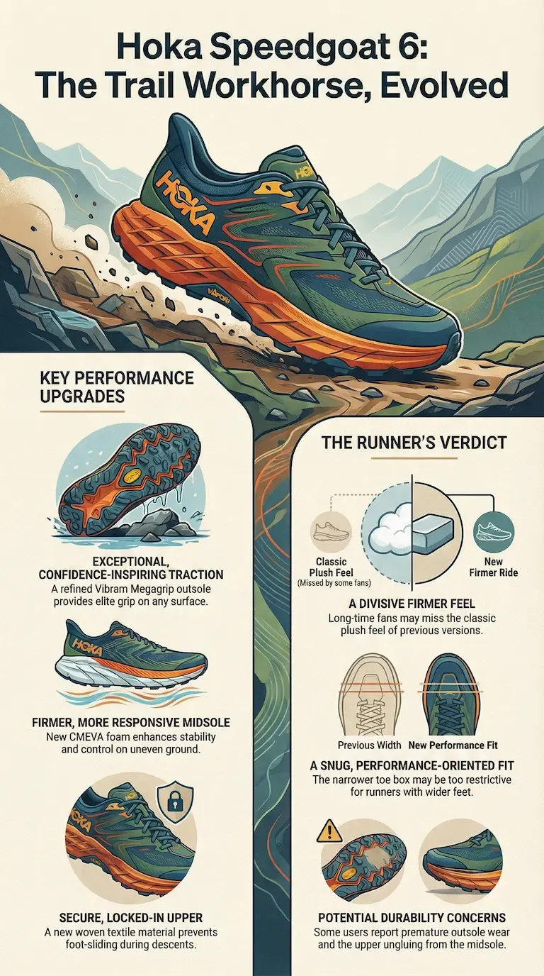 Infographic reviewing the Hoka Speedgoat 6, titled 'The Trail Workhorse, Evolved'. It highlights the exceptional Vibram Megagrip traction and secure woven upper.