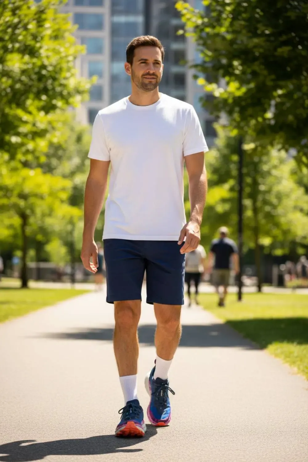 A man pairing vibrant Hoka Speedgoat 6 sneakers with chino shorts and white crew socks for a stylish summer outfit.