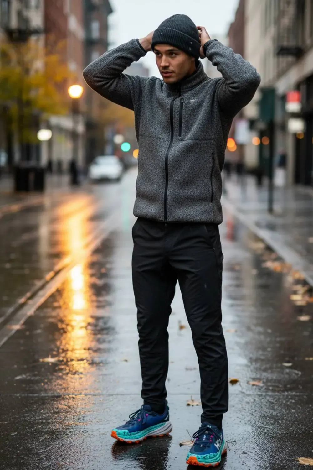 A man demonstrating how to wear Hoka Speedgoat trail runners as part of a gorpcore utility outfit with a fleece and technical pants.