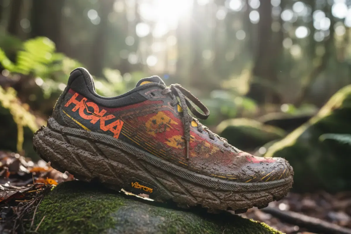 A Hoka Speedgoat 6 trail running shoe covered in mud, resting on a rock in a forest setting.