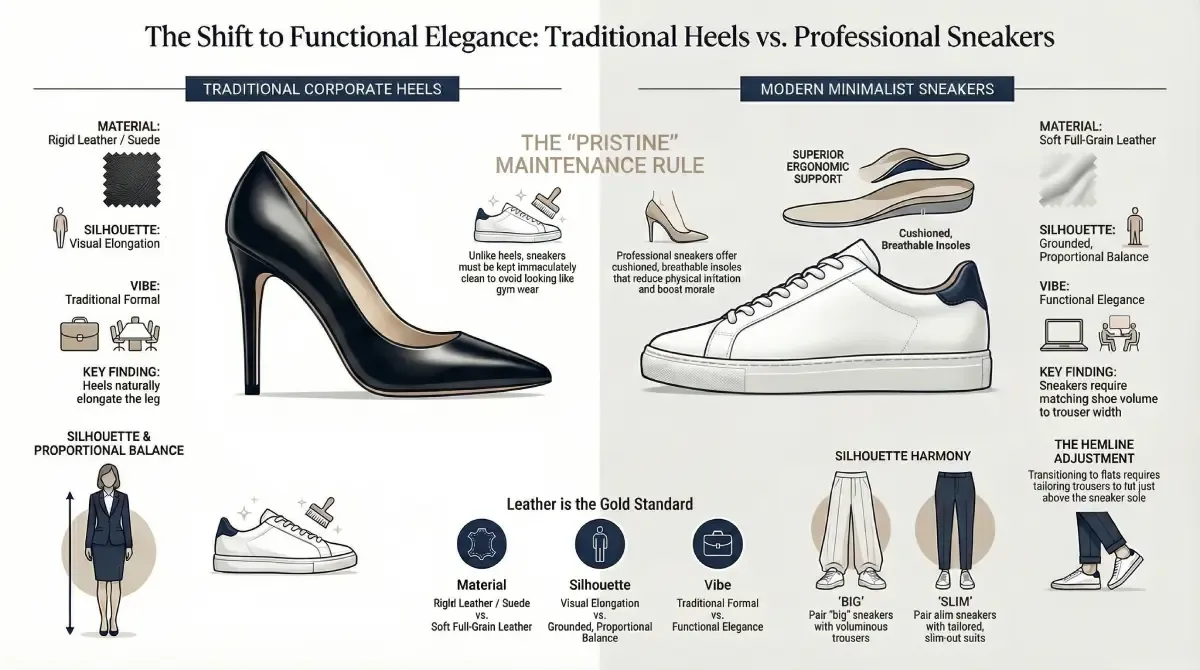 A visual guide comparing traditional corporate heels with modern minimalist sneakers