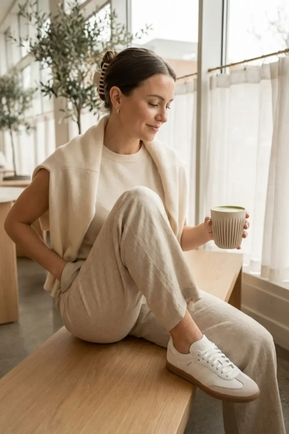 A woman embodying the 'Clean Girl' aesthetic, featuring an uncluttered and minimalist style.