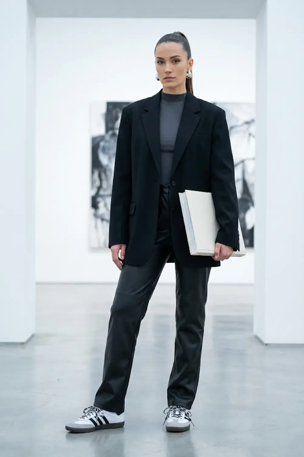 An artistically inclined woman with an 'Elevated Streetwear' aesthetic, showcasing a bold and intricate look.