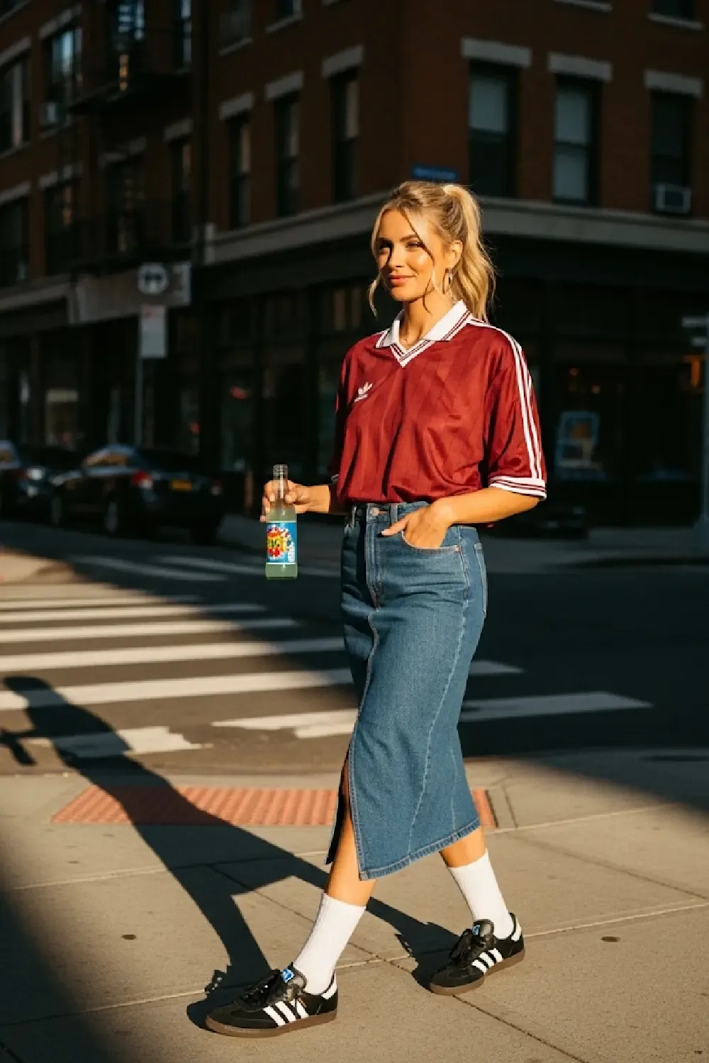 A stylish woman embodying the 'Blokecore' aesthetic, wearing a vintage-inspired sports look.