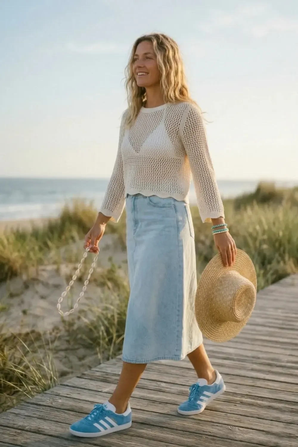 A woman portraying the 'Coastal Cowgirl' trend—beachy meets western.