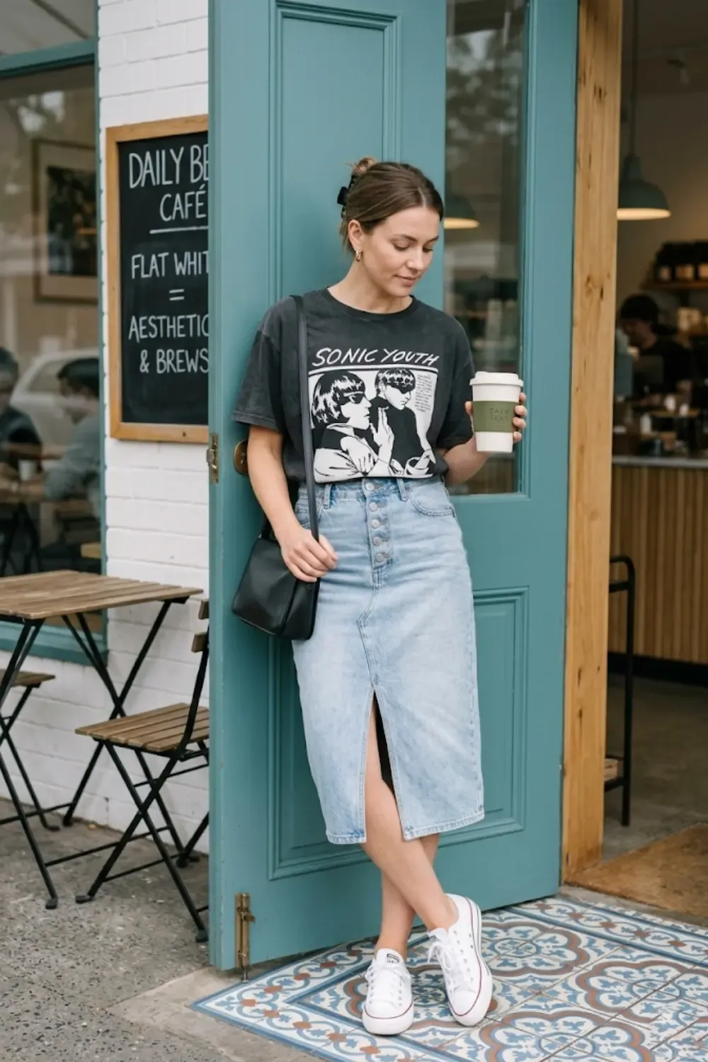 A woman embodying the 'Cool Girl' weekend aesthetic.