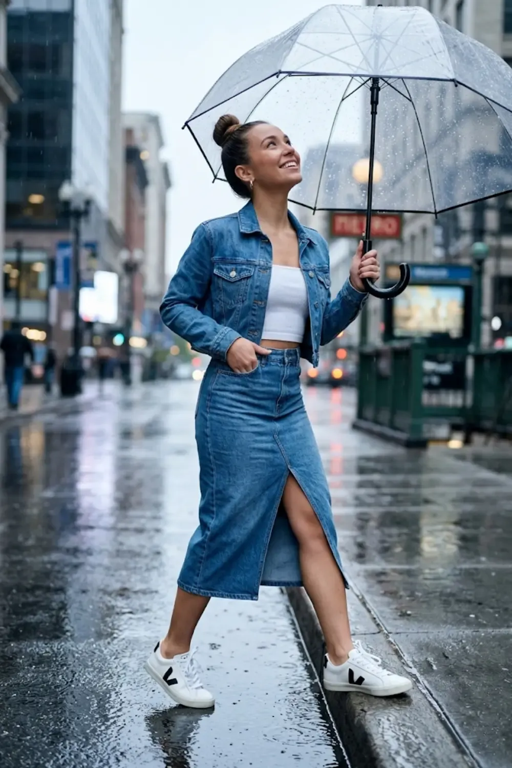 A petite woman demonstrating how to elongate her frame with denim.