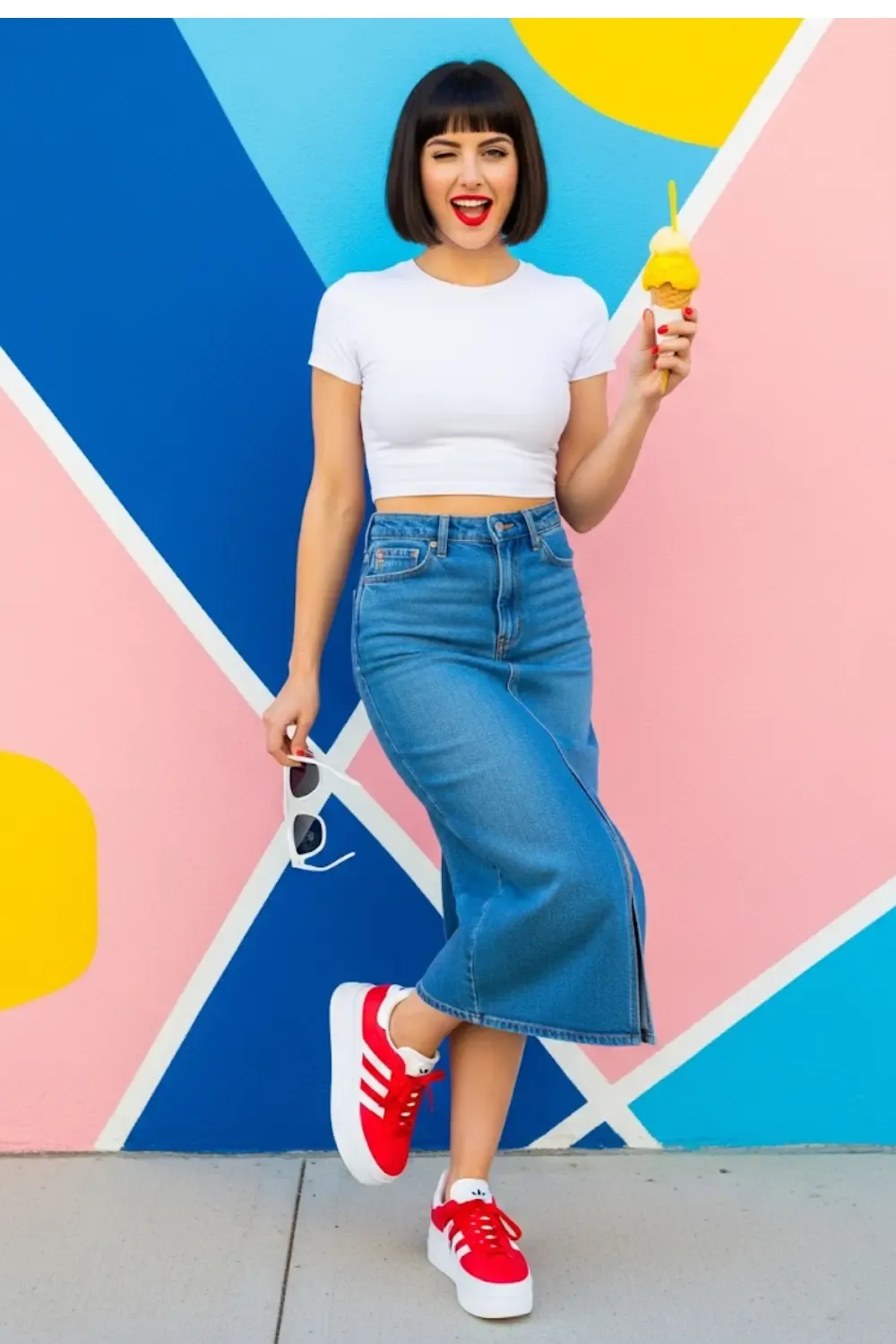 A fashion-forward woman using her footwear as the focal point.