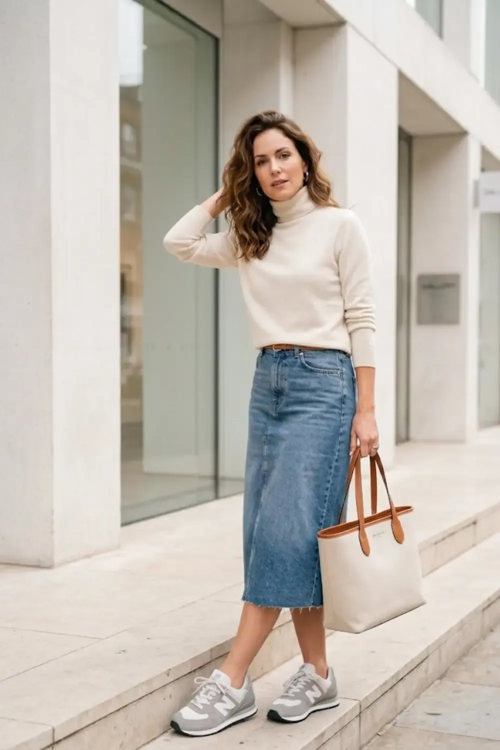 A woman showcasing a high-end 'Heritage Sports' look with a focus on quality fabrics.