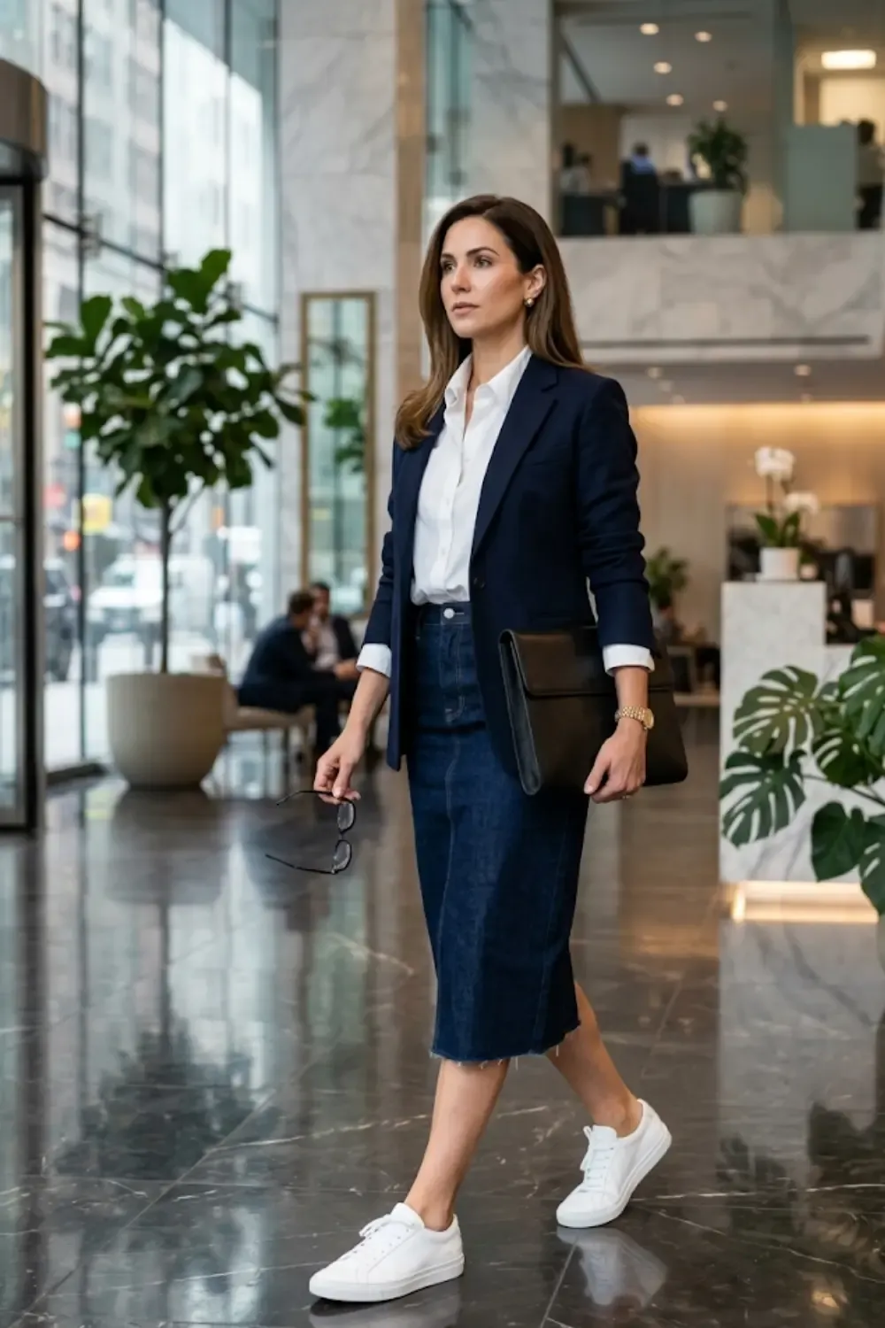 A professional woman in a modern office-ready denim ensemble.