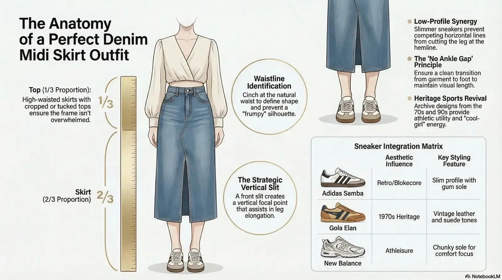 Infographic highlighting proportional balance, the 1/3 to 2/3 ratio, and ideal sneaker pairings.
