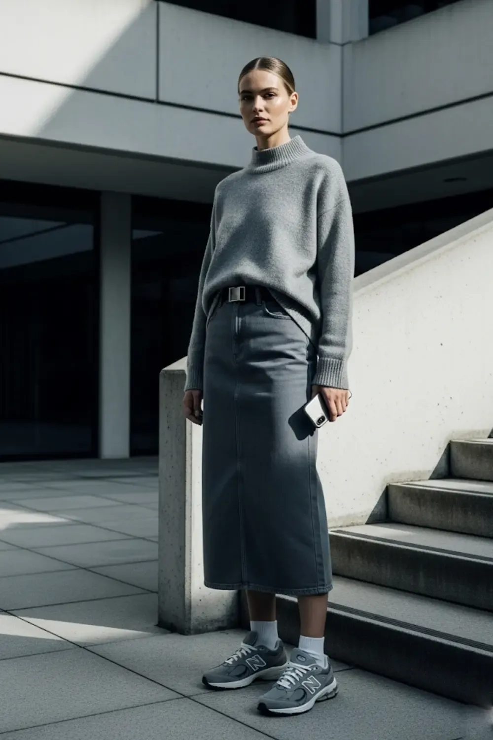 A woman wearing a sophisticated, tonal outfit that screams 'quiet luxury'.