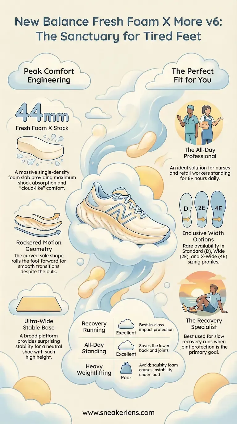 This infographic details the New Balance Fresh Foam X More v6, highlighting its peak comfort engineering and perfect fit for tired feet.