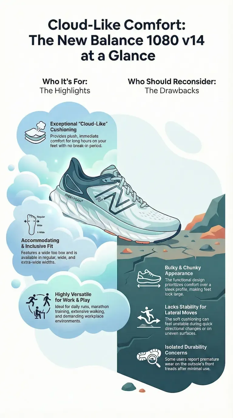Infographic summary of the New Balance 1080 v14 highlighting cloud-like cushioning, wide and inclusive fit options, versatile daily and marathon use, plus drawbacks like bulky appearance, limited lateral stability, and early outsole wear.