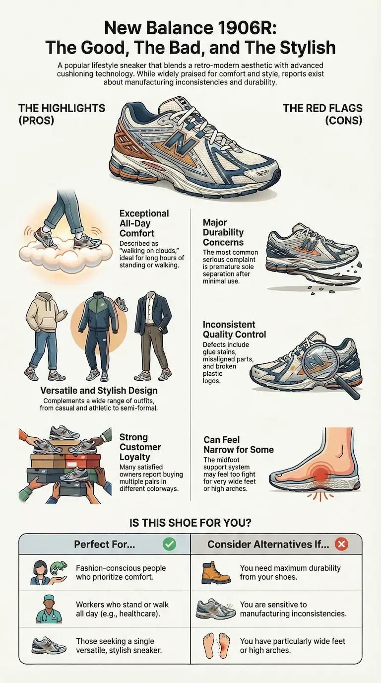 Infographic summary of the New Balance 1906R highlighting all-day comfort, versatile style, and strong customer loyalty, contrasted with durability issues, inconsistent quality control, and a midfoot fit that can feel narrow for some users.
