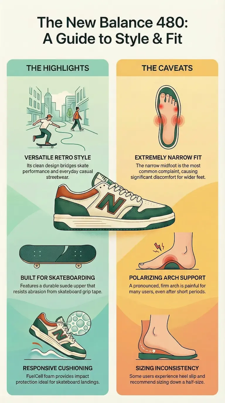 Infographic overview of the New Balance 480, highlighting its versatile retro style and responsive FuelCell cushioning, alongside major drawbacks such as an extremely narrow midfoot and inconsistent sizing with reported heel slip.