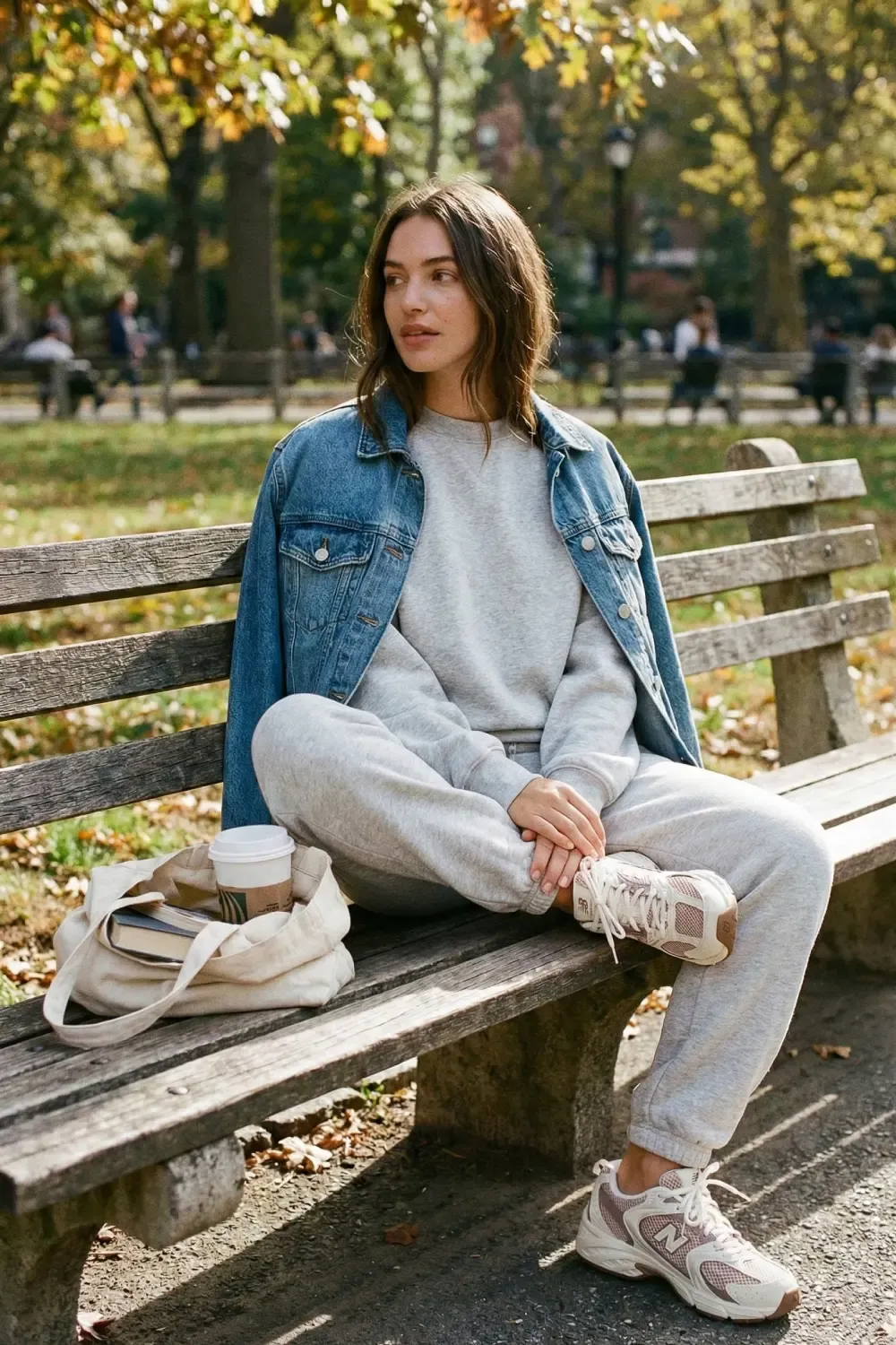 Woman in a grey sweatsuit and denim jacket wearing New Balance 530 sneakers while sitting on a park bench.