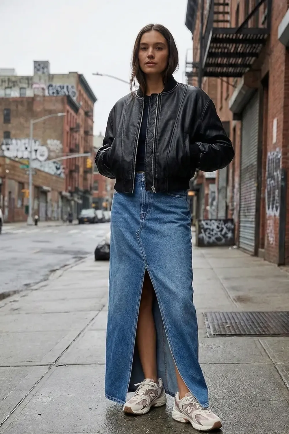 Woman wearing a black leather jacket, denim maxi skirt, and New Balance 530 sneakers on a city street.