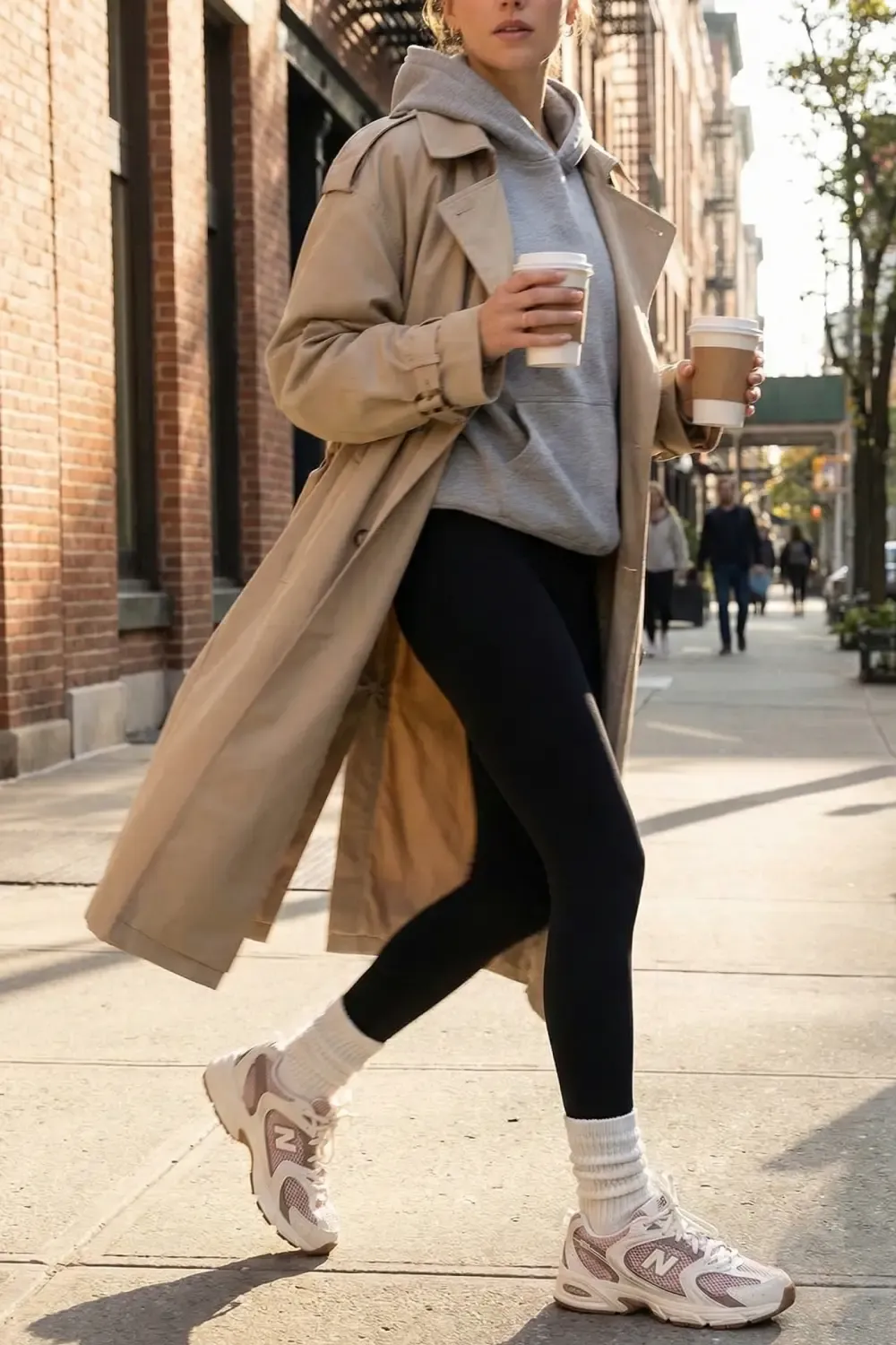 Woman walking in the city wearing New Balance 530 sneakers, beige trench coat, grey hoodie, and black leggings while holding coffee cups.