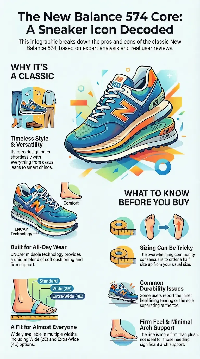 Infographic review of the New Balance 574 Core showing its timeless style, ENCAP comfort, wide-size options, tricky sizing, durability issues, and firm arch support.