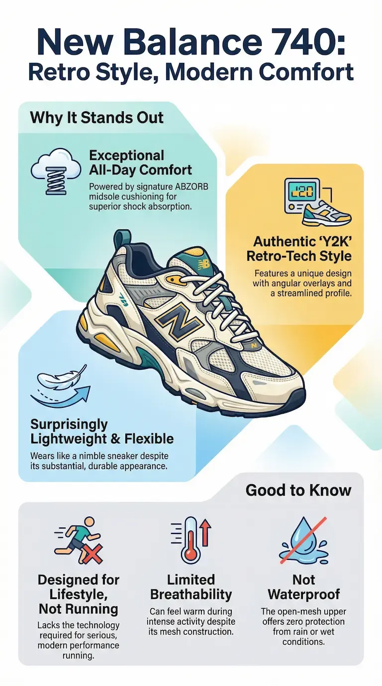 Infographic titled 'New Balance 740: Retro Style, Modern Comfort' featuring a beige and green sneaker. Key highlights include exceptional all-day comfort with ABZORB cushioning and authentic Y2K retro-tech style.