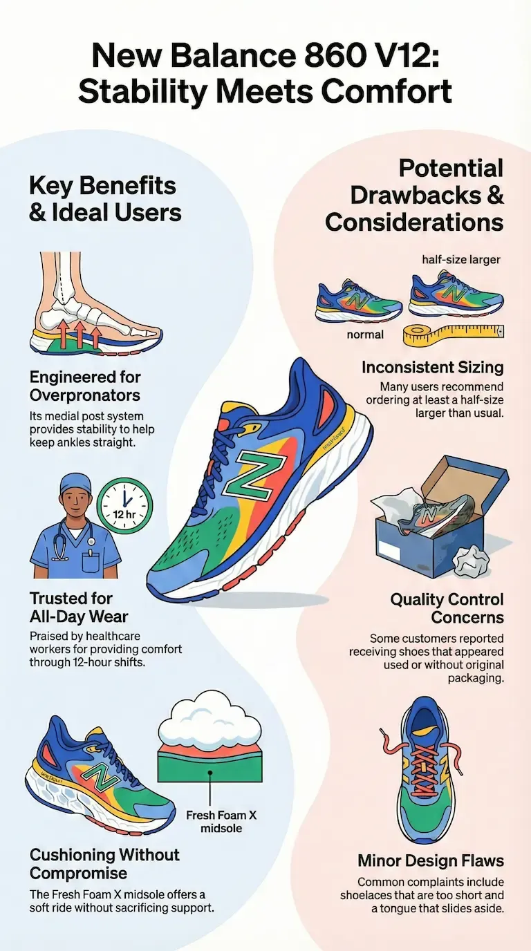 Infographic review of the New Balance 860 V12 showing its stability for overpronators, all-day comfort, Fresh Foam X cushioning, inconsistent sizing, quality control issues, and minor design flaws.